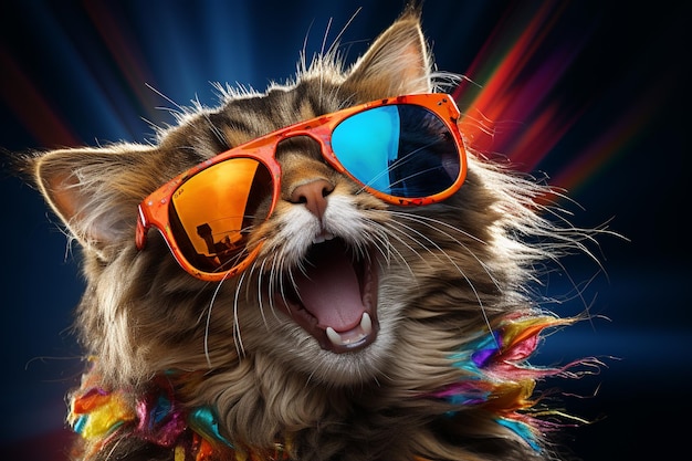 cute funny happy adorable cat kitty on the beach with humorous sunglasses summertime beach palm tree heat relax vacation