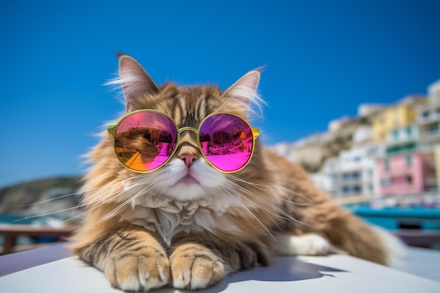 Cute funny happy adorable cat kitty on the beach with humorous sunglasses summertime beach palm tree heat relax vacation