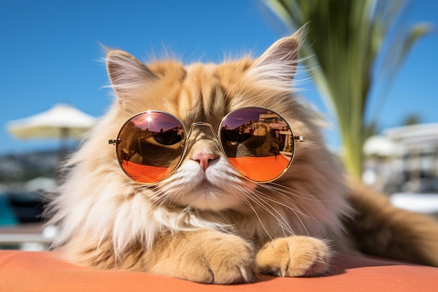 Cute funny happy adorable cat kitty on the beach with humorous sunglasses summertime beach palm tree heat relax vacation