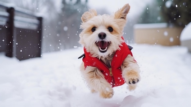 Cute and funny little dog with red scarf playing and jumping in the snow