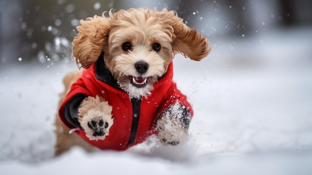 Cute and funny little dog with red scarf playing and jumping in the snow