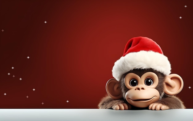 Cute and funny monkey with santa claus costume Christmas animal background with copy space