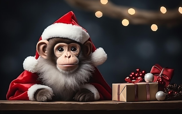 コピー スペースとサンタ クロースの衣装クリスマス動物の背景を持つかわいいと面白い猿