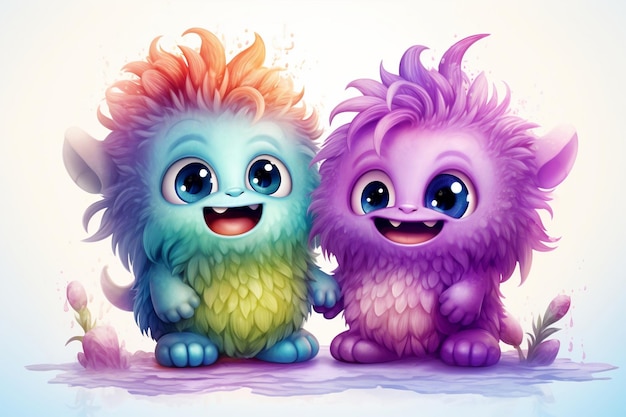 Cute Funny Monster Watercolor Illustration Generative AI