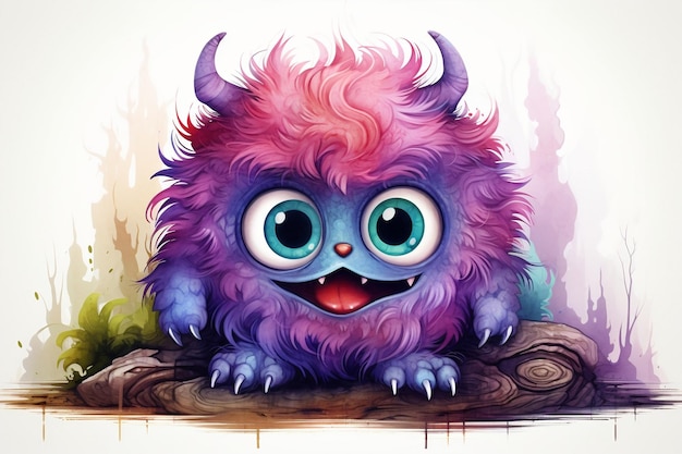 Cute Funny Monster Watercolor Illustration Generative AI