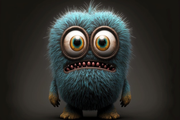 Cute funny monster with big bulging eyes on black background generative ai
