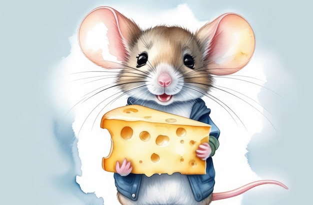 Cute funny mouse with cheese Watercolor character illustration Isolated on white background