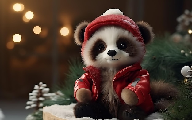 Cute and funny panda with santa claus costume Christmas animal background with copy space