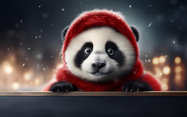 Cute and funny panda with santa claus costume Christmas animal background with copy space