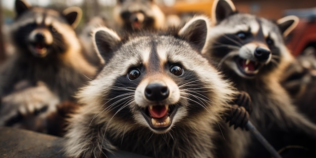 Cute and funny raccoons look into the camera lens Generative AI