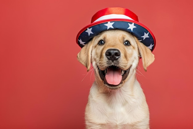 Foto cuccino carino o retriever nei colori della bandiera americana cappello celebrazione delle festività nazionali americane
