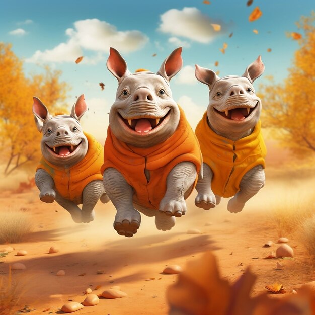 Фото Милая смешная группа носорогов бегает и играет в пустыне осенью