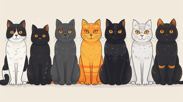 可愛くて面白い猫のセットが様々なポーズで絵を描いています 異なるポーズで平らな色の漫画キャラクターのコレクションです