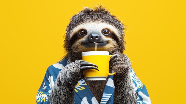 Photo a cute and funny sloth is drinking from a yellow cup the sloth is wearing a blue and white hawaiian shirt the background is a bright yellow color