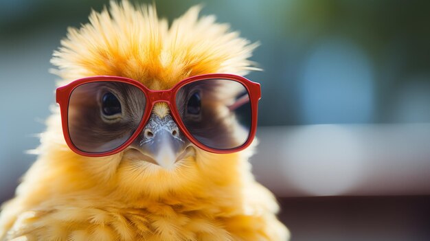 Photo cute funny small yellow chick bird wearing sunglasses single image ai generated art