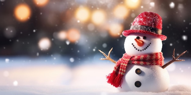 Cute funny snowman in red hat and scarf Christmas greeting card