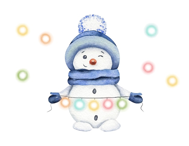 Cute funny snowman Watercolor illustration Christmas winter clipart holiday design Happy New Year