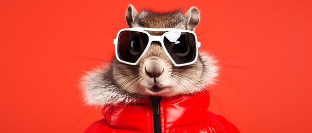 Photo cute funny squirrel smiling in winter holiday skiing wide banner with copy space side