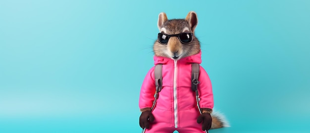 Photo cute funny squirrel smiling in winter holiday skiing wide banner with copy space side