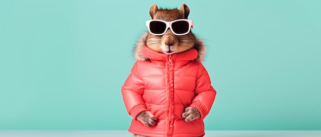 Cute funny squirrel smiling in winter holiday skiing Wide banner with copy space side