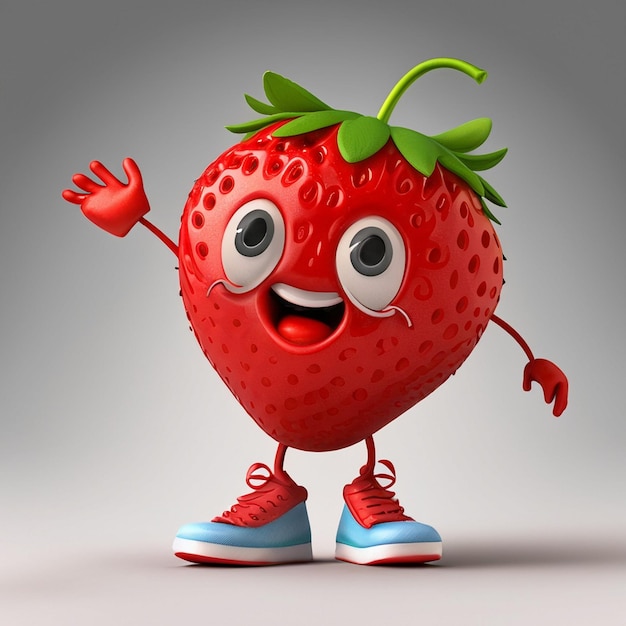 A cute funny strawberry character with two thin legs wearing a kochi raising her hand to the sky
