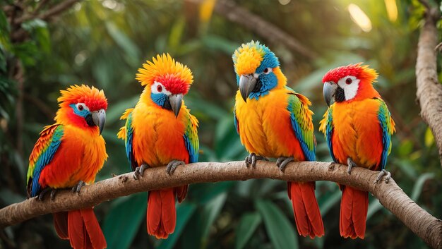 Cute funny tropical parrots on a branch leaves