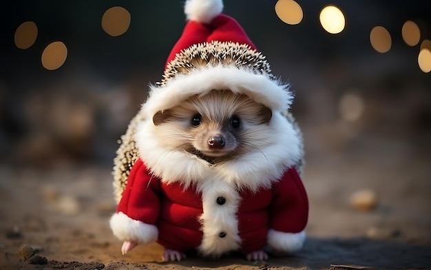 Foto carino e divertente con il costume di babbo natale sfondo animale di natale con spazio di copia