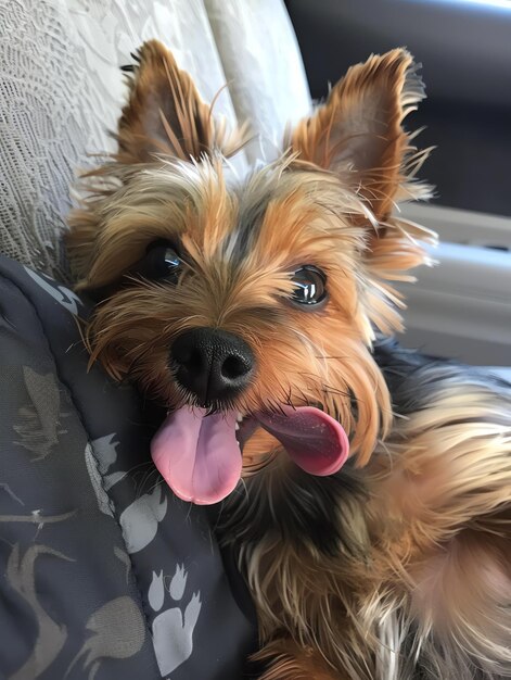 Foto un yorkie carino e divertente con la lingua.