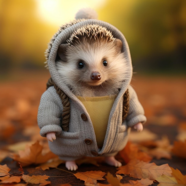 Cute furry animal wearing autumn fall clothes funny picture hedgehog