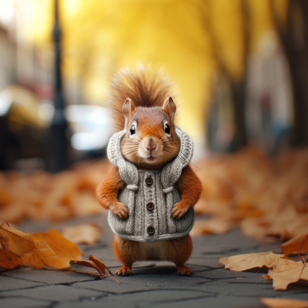 Cute furry animal wearing autumn fall clothes funny picture squirrel