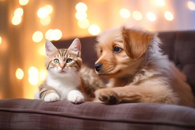 Cute furry dog and cat on the sofa against the backdrop of Christmas lights Generative AI