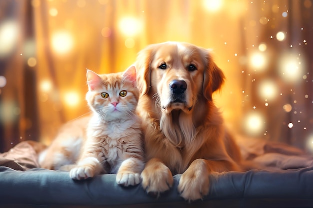 Cute furry dog and cat on the sofa against the backdrop of Christmas lights