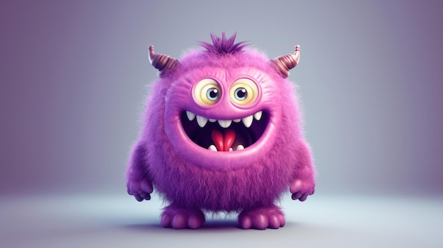 Photo cute furry fluffy pink monster cartoon d alien monster illustration on purple background