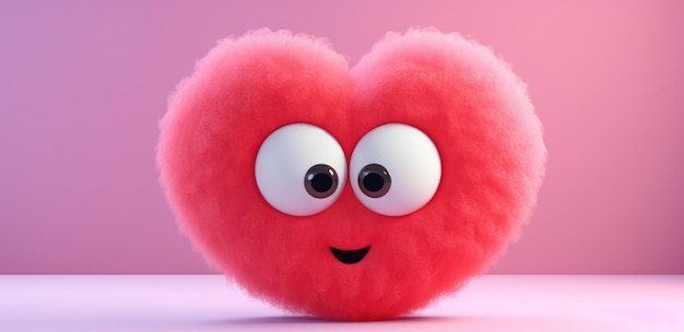 Photo cute fuzzy furry heart on a monochrome background with emotion cartoon heart with big realistic eyes pink shades