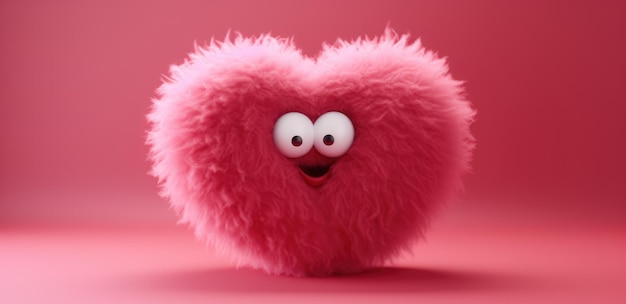 Photo cute fuzzy furry heart on a monochrome background with emotion cartoon heart with big realistic eyes pink shades