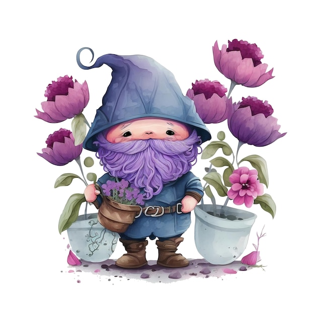 Cute Garden Gnome in Watercolor Illustration