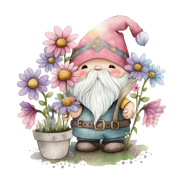Cute Garden Gnome in Watercolor Illustration