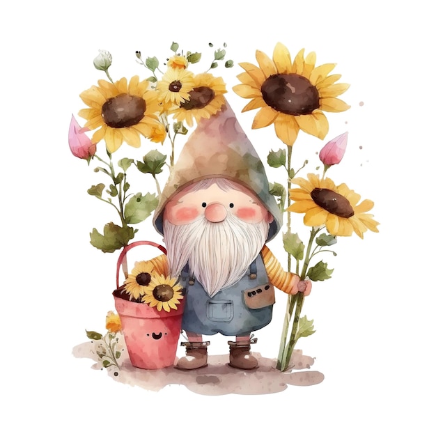 Cute Garden Gnome in Watercolor Illustration