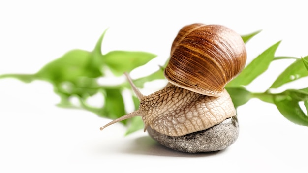 Cute garden snail sits on round pebble in garden