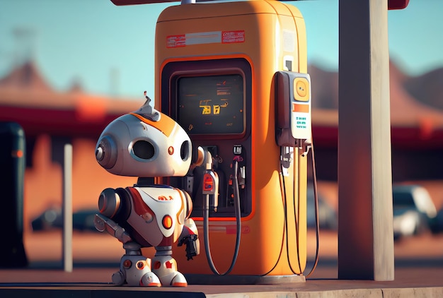 Cute gas station attendant service robot waiting customer for filling the car fuel Innovative technology and Occupation concept Generative AI