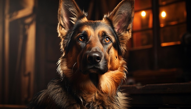 Cute German Shepherd puppy sitting outdoors, looking at camera generated by AI