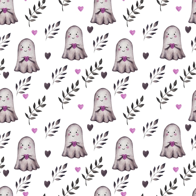 Cute ghost in clouds stars hearts Watercolor pattern Halloween holiday