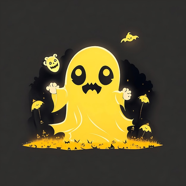 cute ghost going trick halloween themed on a yellow and black background