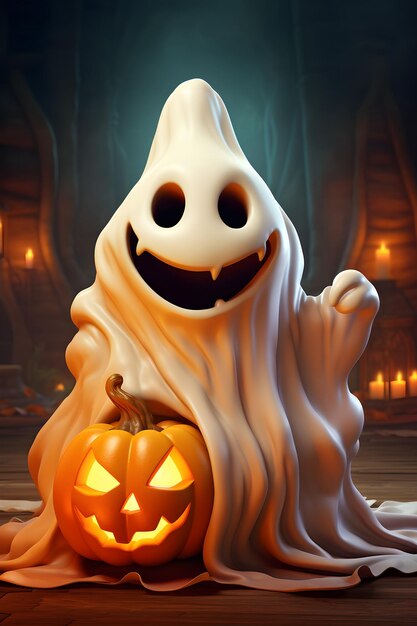 Cute ghost Halloween concept in 3d style