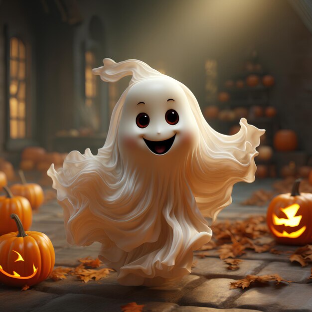 Cute ghost on halloween night happy halloween with pumpkin