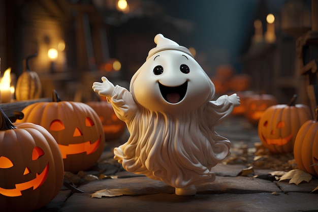 Cute ghost on halloween night happy halloween with pumpkin