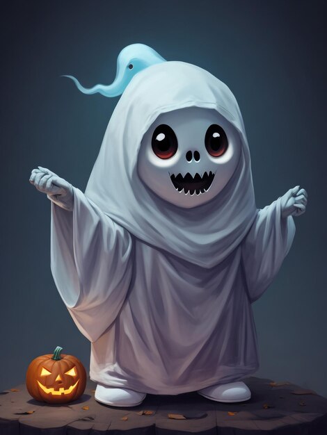 Фото Милый призрак держит тыкву 3d вектор хэллоуин белый фон