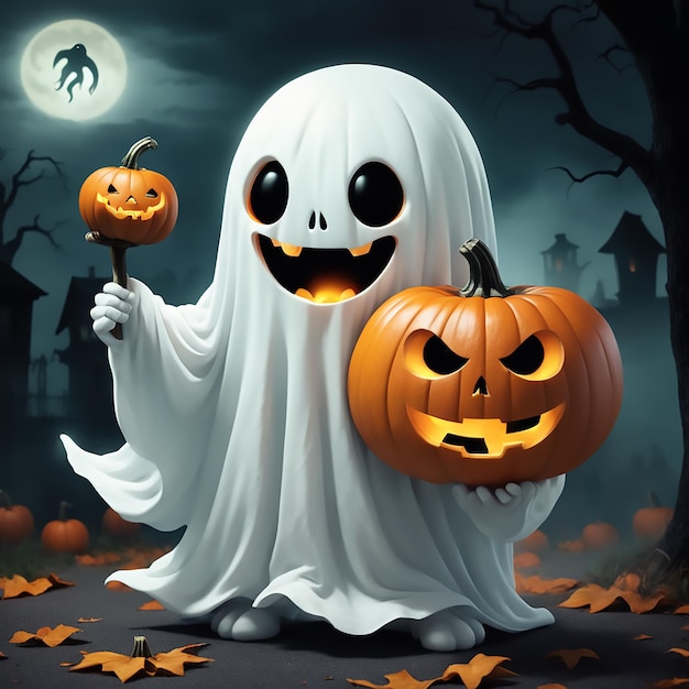 cute ghost holding cute pumpkin with scary face violet background