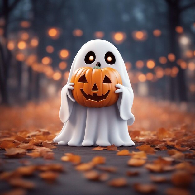 Cute ghost holding pumpkin cartoon illustration ai generated