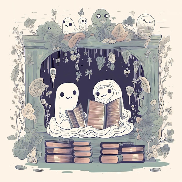 Photo cute ghost reading a book illustration